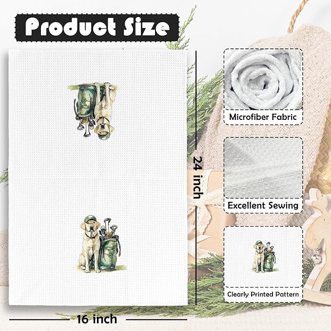 Golf Dog Kitchen Towels - Labrador Dish Towels, Sports Gifts, Pet Golf Club Decorative Absorbent Dishcloths Hand Towels Set of 2 for Spa Kitchen Gym Decor 16x24 Inches