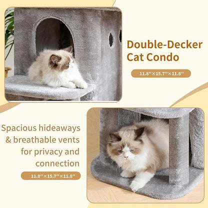 Heybly Cat Tree, 25.6-inch Cat Tower with Spacious Top Perch for Large Cats, Stair-Style Cat House Furniture with Dual-Layer Condos, Sisal Scratching Posts, Cozy Basket & Pompom, Light Gray HCT204SW