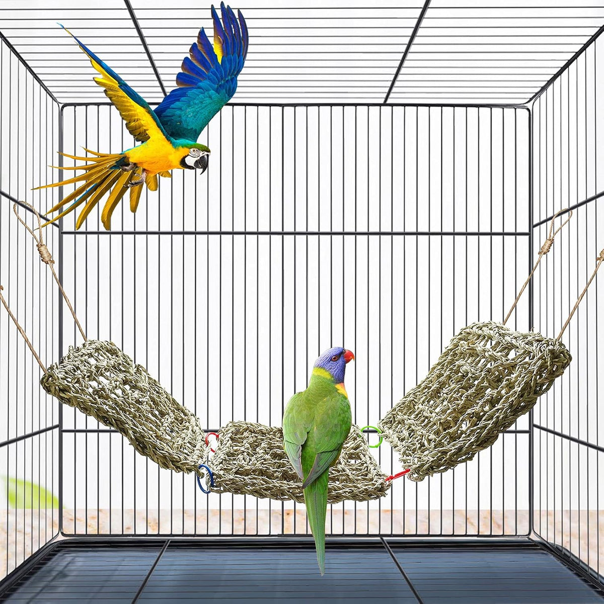 BNOSDM Bird Seagrass Mat, 3 PCS 7.1 x 7.1 Inches Parrot Natural Seagrass Woven Bird Net Hammock Mat, Parakeet Climbing Rope Ladder Chew Toys Hut Hideout for Lovebird Cockatiel Conure Budgie