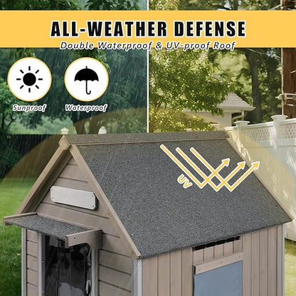 Large Dog House Outdoor, Wooden Indoor Dog House Kennel with Waterproof Roof, Chew-Proof Iron Frame, Doghouse Puppy Shelter for Medium Large Dogs, 30.5''x37.4''x39.3''