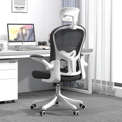 Mesh Office Chair with Adjustable Lumbar Support and Headrest, Ergonomic High Back Task Chair for Home Office, Flip-Up Arms 90-120° Tilt Lock Rolling Swivel Work Chairs (White-Black6065)