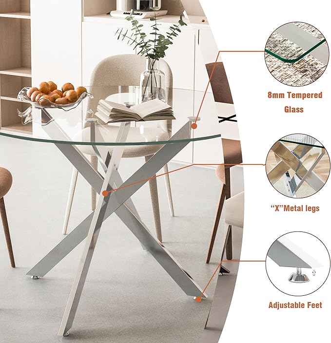 Goujxcy 5 Piece Round Glass Dining Table Set for 4, 47" Round Dining Table & Chair Set Modern Circle Glass Kitchen Table and 4 Velvet Upholstered Chairs for Kitchen Dining (Silver Table & Blue Chair)