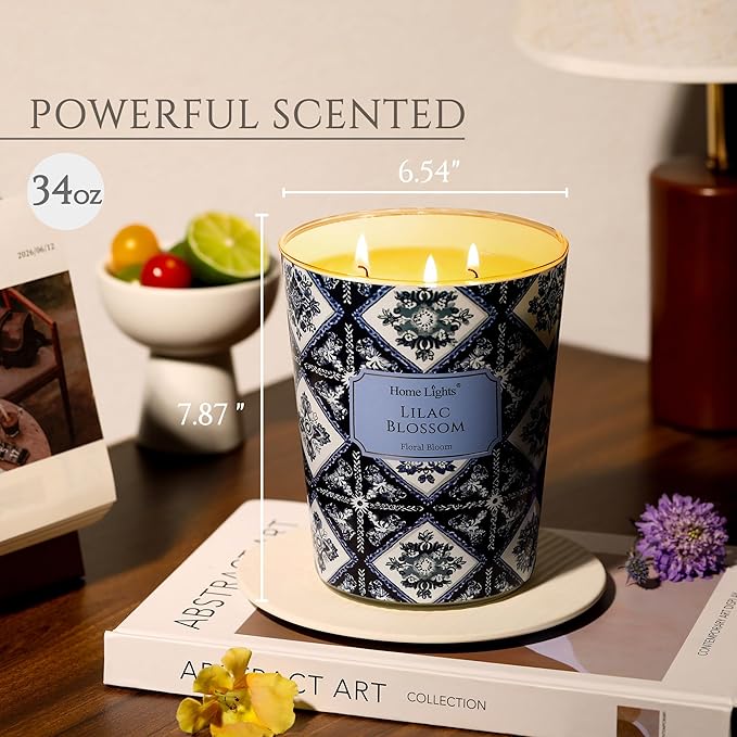 HomeLights Lilac Blossom Scented Candles | 34oz Soy Candles Bohemian Natural Textures 3-Wick Large Candle Jars | Ideal Candle Gifts for Events, Home Decor Stress, Relief & Relaxation