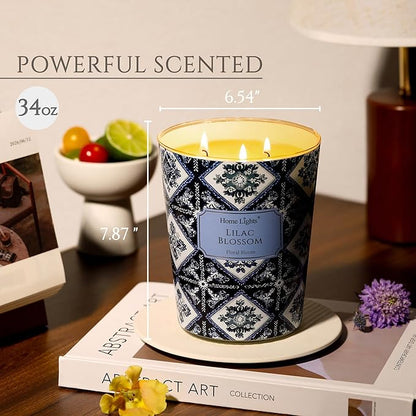 HomeLights Lilac Blossom Scented Candles | 34oz Soy Candles Bohemian Natural Textures 3-Wick Large Candle Jars | Ideal Candle Gifts for Events, Home Decor Stress, Relief & Relaxation