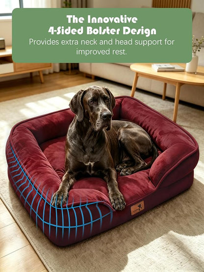 Spotted Play Orthopedic Dog Bed with Sides - Sofa Beds for Extra Large Dogs, Supportive Foam Pet Couch Bed with Washable Removable Cover, Waterproof Lining and Non-Slip Bottom, Burgundy - XXL