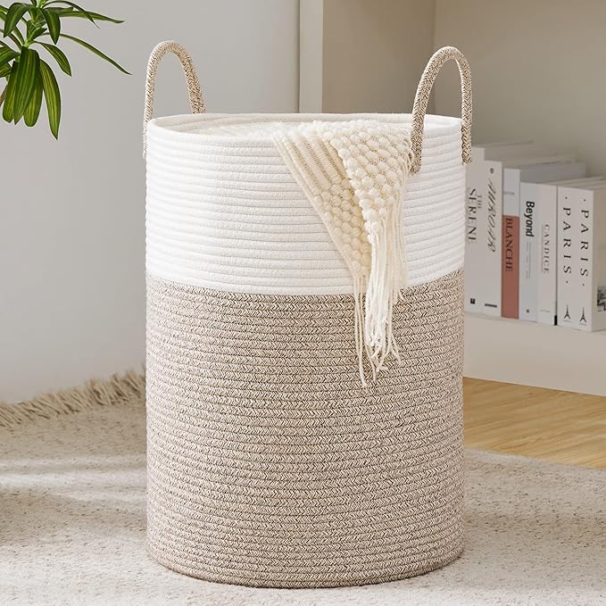 YOUDENOVA Woven Rope Laundry Hamper Basket, 58L Tall Laundry Basket, Baby Nursery Hamper for Blanket Storage in Bedroom-Large-Brown