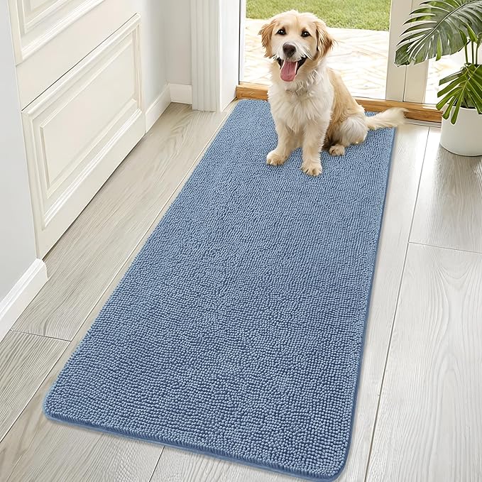 OLANLY Dog Door Mat for Muddy Paws 70x32, Absorbs Moisture and Dirt, Absorbent Non-Slip Washable Doormat, Quick Dry Chenille Mud Mat for Dogs, Entry Indoor Entryway Carpet for Inside Floor, Airy Blue