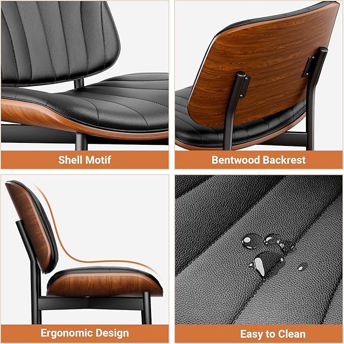Dining Chairs Set of 2, Dining Room and Kitchen Chairs, FSC Certified Mid Century Modern Accent Chair, Upholstered PU Leather Chairs for Vanity with Walnut Bentwood and Metal Legs, Black