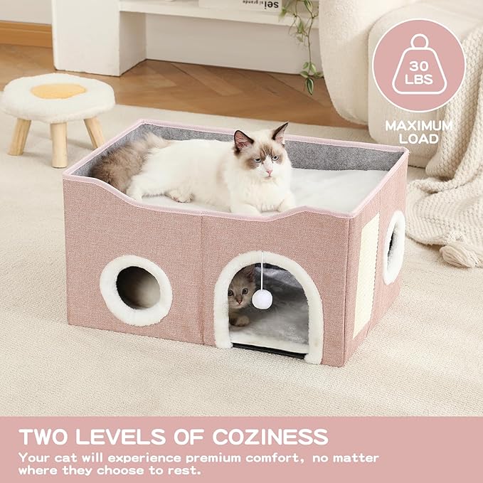 Large Cat Bed for Indoor Cats, Extra Wide Cat Cave House with Scratch Pad and Fluffy Ball, Foldable Cat Hideaway for Kitten Bed, Cat Condo for Cats (Pink, X-Large)