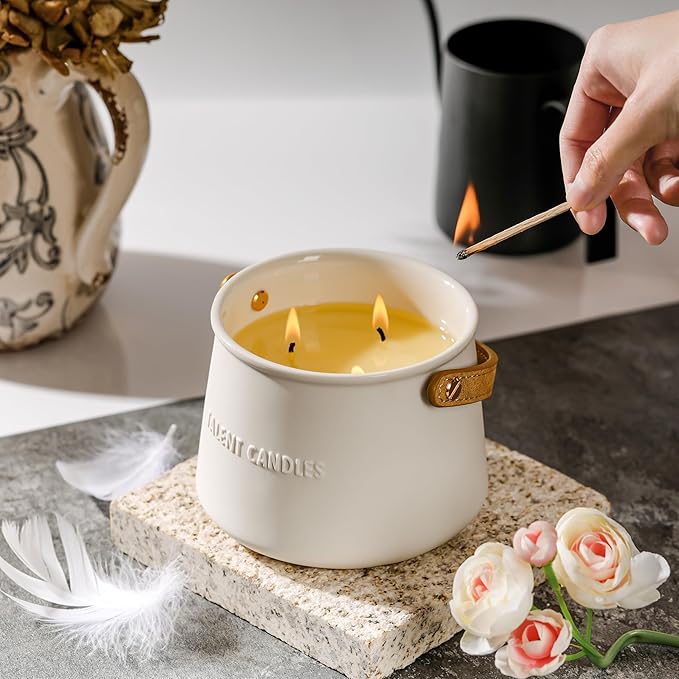 Candles for Home Scented - Scandinavian Style 3 Wick Candle - Long-Lasting Ceramic Candle Jar - Soy Candles Non Toxic with Minimalist Design - Grapefruit Rose