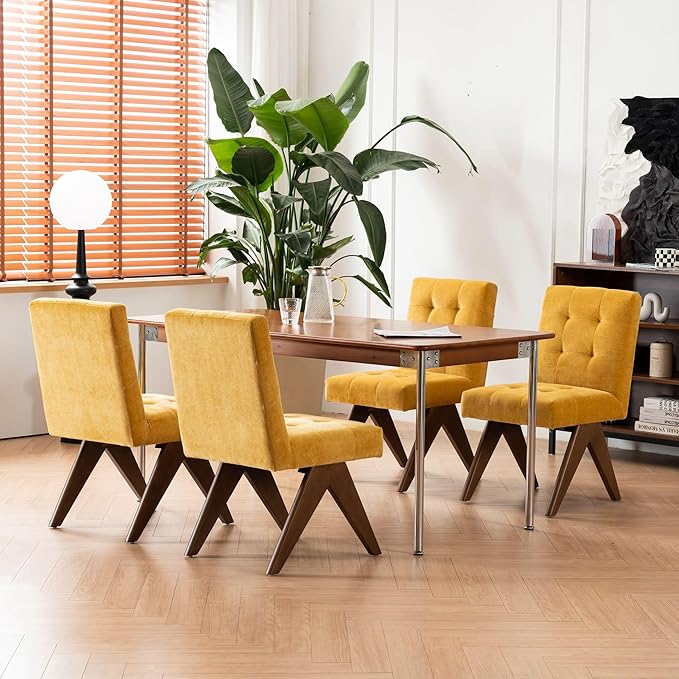 Rowill Modern Upholstered Dining Chairs Parsons Chair Linen Fabric Kitchen Chairs Tufted Armless Dining Room Chairs with Wood Legs Set of 2, Yellow