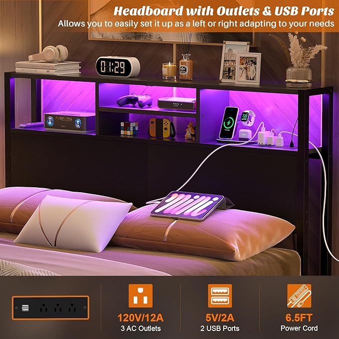 Aheaplus Headboard for Full Size Bed with Storage, Headboards with Outlets, USB Ports and LED Light, Full Size Head Board Only, Height Adjustable, Reversible, Sturdy and Stable Headboard, Black