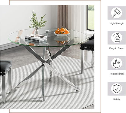 Goujxcy 5 Pieces Round Dining Table Set for 4, Modern Silver Glass Kitchen Table and Chairs for 4 with Upholstered Chairs, Circle Coffee Dining Table Set for Small Space,Apartment,Office