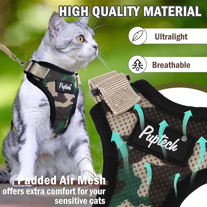 PUPTECK Cat Harness and Leash Set Escape Proof for Walking, Breathable Mash Vest Adjustable Harness for Cats Puppy Small Animals, Reflective at Night, Camouflage Medium