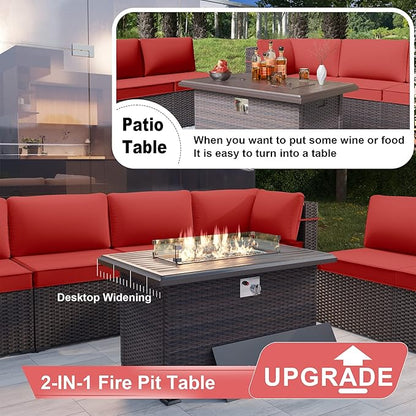 Kurapika 14 Pieces Patio Furniture Set, Rattan Wicker Outdoor Conversation Sets w/43in Propane Fire Pit Table and 4 Inch Cushion(Red)
