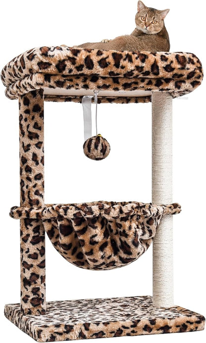 SYANDLVY Small Cat Tree for Indoor Cats, Unique Cheetah Leopard Print Cat Tree Tower for Kitties, Condo Furniture with Hammock & Sisal Scratching Posts
