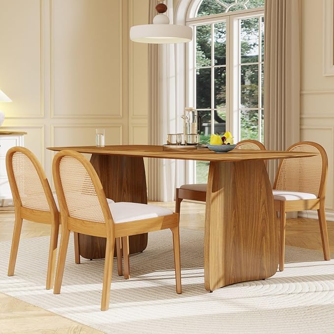 LukeAlon Linen Dining Chairs Set of 4, Natural Woven Cane Back with Solid Wood Legs Mid Century Side Chairs for Kitchen Living Room, Beige