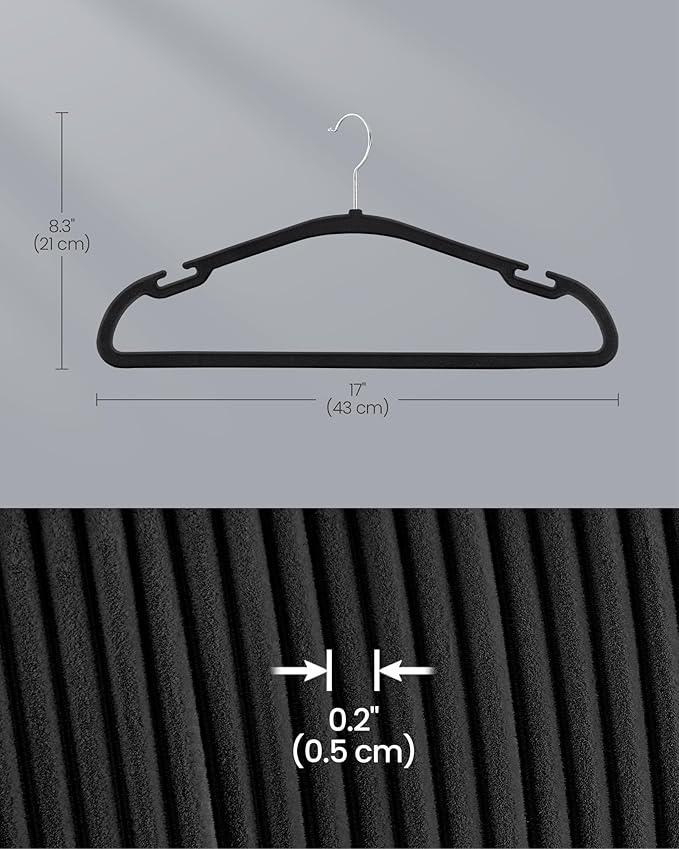 SONGMICS Velvet Hangers 50 Pack, Non-Slip Clothes Hangers, 17 x 8.3 Inches, Coat Hangers with Wide Shoulder Notches, Pants Bar, 360° Swivel Hook, Space-Saving, for Closet, Ink Black UCRF039B03