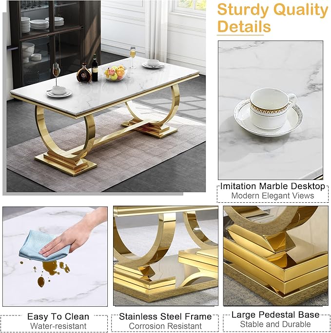 7 Piece Marble Dining Table Set for 6, Luxury White Marble Gold Kitchen Table with 6 Grey Velvet Upholstered Chairs, Modern 6 Person Dining Room Table Set for Kicken Dining Office Room