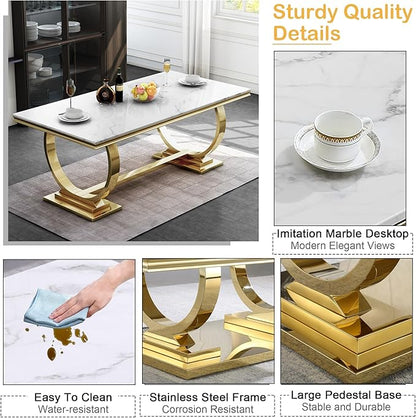 Goujxcy 7 Piece Marble Dining Table Set for 6, Luxury White Marble Gold Kitchen Table with 6 Green Velvet Upholstered Chairs, Modern 6 Person Dining Room Table Set for Kicken Dining Office Room