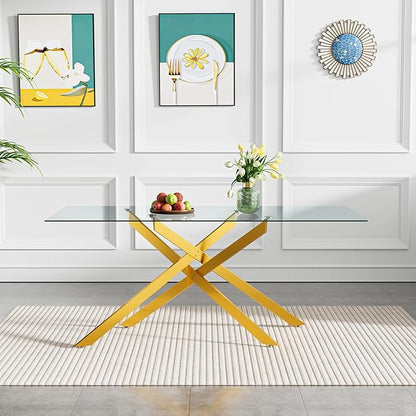 Goujxcy 7 Piece Glass Dining Table Set Modern Glass Dining Table Set for 6, 61" Rectangular Gold Kitchen Table and 6 Velvet Upholstered Chairs, Gold Table & Beige Chair