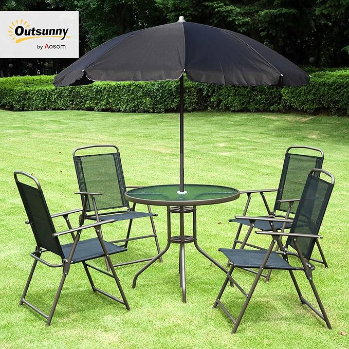 Outsunny 6 Piece Patio Dining Set for 4 with Umbrella, Outdoor Table and Chairs with 4 Folding Dining Chairs & Round Glass Table for Garden, Backyard and Poolside, Black