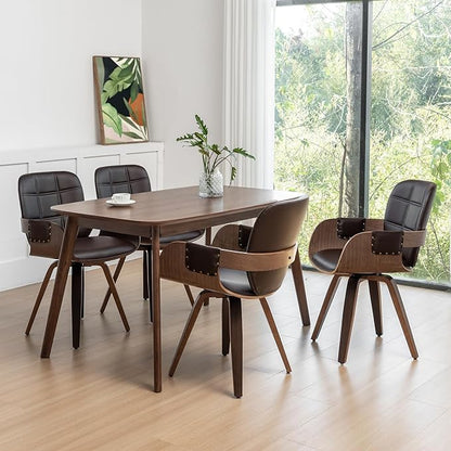 Set of 4 Swivel Walnut Dining Chairs - Mid Century Dining Chairs with Arm and Curved Back, Walnut Craftsmanship, Bentwood Structure, Perfect for Living Room/Reception/Restaurant/Kitchen (Coffee Brown)