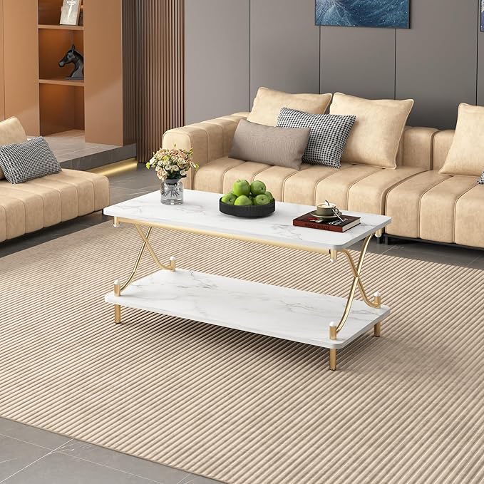 VECELO White and Gold Coffee Table with Storage and Open Shelves for Living Dining Room 39-Inch, Modern Rectangle & Industrial Design, X-Shape Frame, Easy Assemble