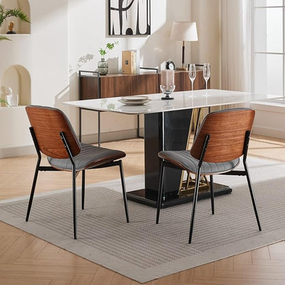 Dining Chairs Set of 8, Mid Century Modern Accent Dining Room and Kitchen Chairs, Upholstered PU Leather Vertical Stripe Chairs for Vanity with Walnut Bentwood and Metal Legs, Gray