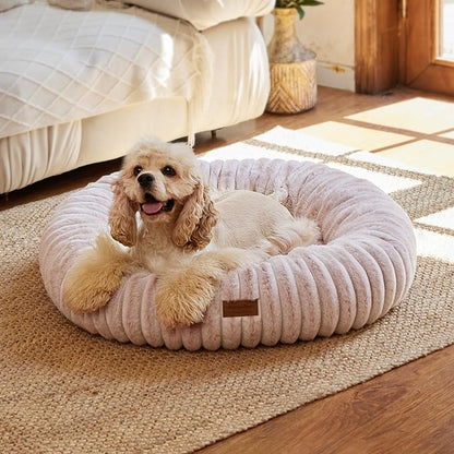FUKUMARU Dog Bed, Calming Donut Dog Beds for Anxious Dogs, Modern Aesthetic Cat Bed with Gradient Print, Cute Round Pet Beds with Washable Cover, Orthopedic Puppy Bed, Pink, Medium, 30 inches