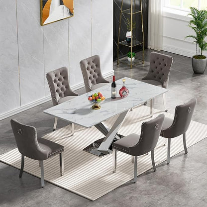 Goujxcy 70" Faux Marble Dining Table Set for 6, 7-Piece Dining Set with White Silver Kitchen Table and 6 Velvet Tufted Chairs, Modern Rectangular Dining Room Table with X-Shape Stainless Steel Base