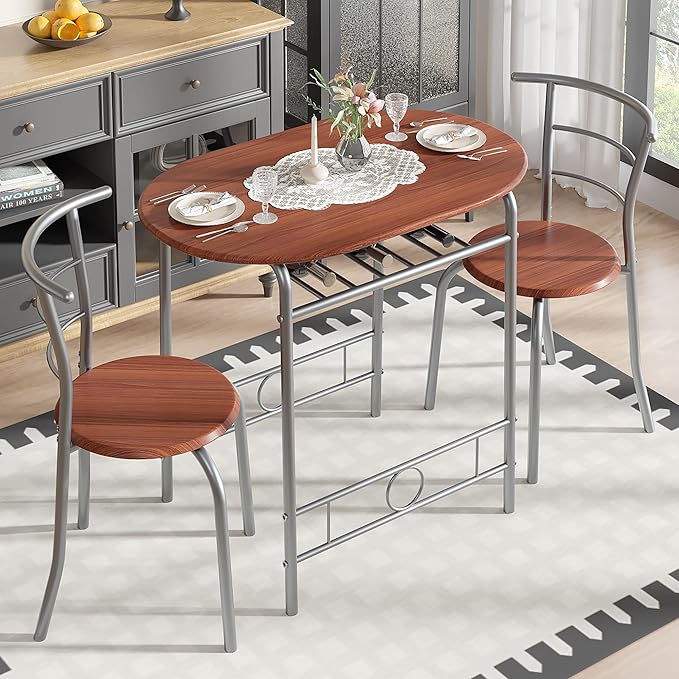 VECELO 3-Piece Dining Table Set for Kitchen Breakfast Nook, Wood Grain Oval Tabletop and Metal Frame with Built-in Wine Rack, for Small Spaces, Brown & Silver