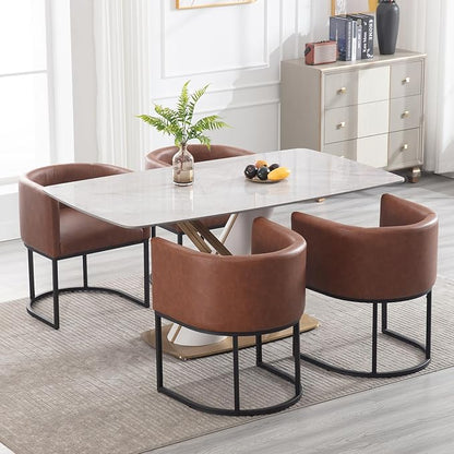 Faux Leather Dining Chairs Set of 3 Modern Barrel Arm Chairs with Black Metal Frame, Upholstered Kitchen Chairs 18.5" Wide Accent Chairs for Living Room Dining Room Restaurant, Brown