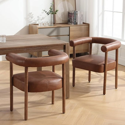 PU Leather Dining Chairs Set of 4, Modern Upholstered Dining Chairs, Curved Backrest Kitchen Dining Room Chairs Accent Chairs Arm Chairs with Natural Wood Legs, Brown