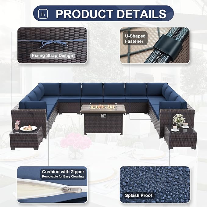 Kurapika 15 Pieces Patio Furniture Set, Rattan Wicker Outdoor Conversation Sets w/43in Propane Fire Pit Table and 4 Inch Cushion(Navy Blue)