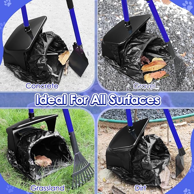 Lukovee Dog Pooper Scooper, 37.4" Long Adjustable Metal Handle Swivel Bin & Rake & Spade Kit with 20 Poop Bags, Portable Dog Non-Breakable Poop Scooper for Gravel Yard Lawn Grass, Blue