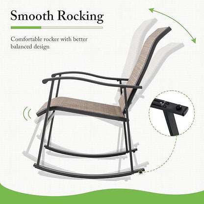 Shintenchi Rocking Chair Outdoor with Table, 3 Piece Rocking Patio Bistro Set, Outdoor Furniture Set with Metal Frame and Textilene Fabric for Small Space, Brown