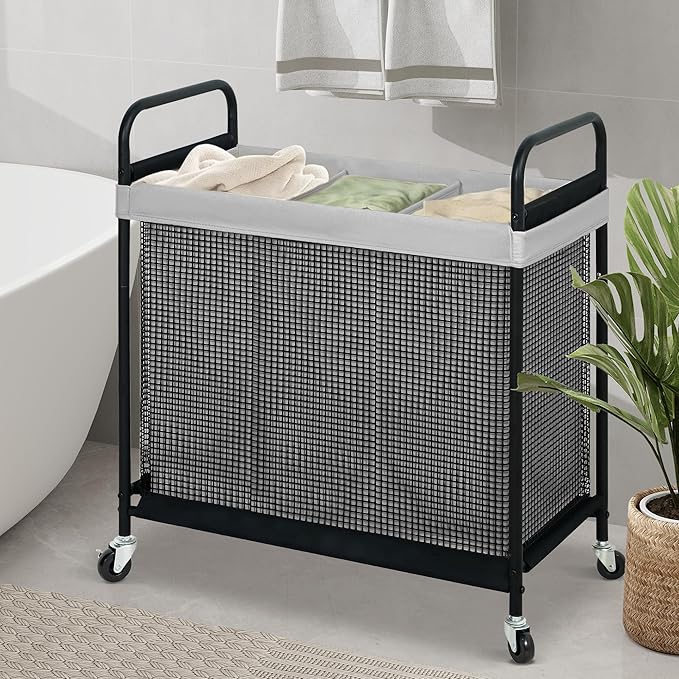 STO STO Laundry Hamper 3 Section, 120L Rolling Laundry Sorter Cart with Removable and Washable Liner Bag, Rolling Clothes Hamper with Metal Handle for Laundry Room and Bedroom, Gray