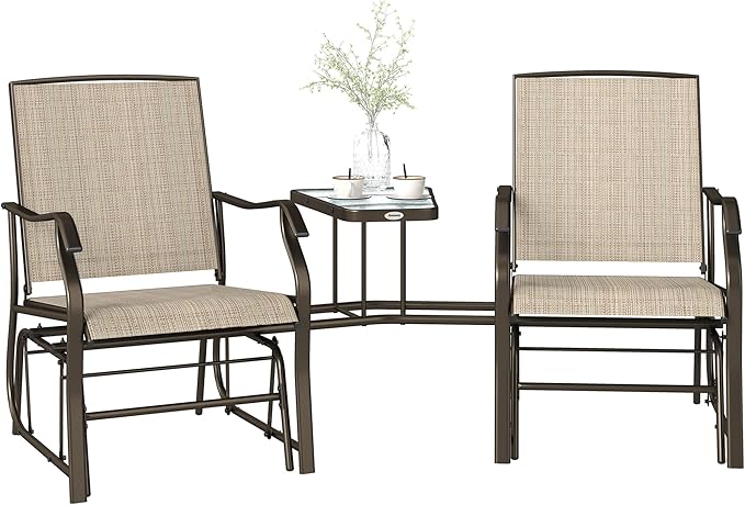 Outsunny Outdoor Glider Chairs with Coffee Table, Patio 2-Seat Rocking Chair Swing Loveseat with Breathable Sling for Backyard, Garden, and Porch, Light Brown