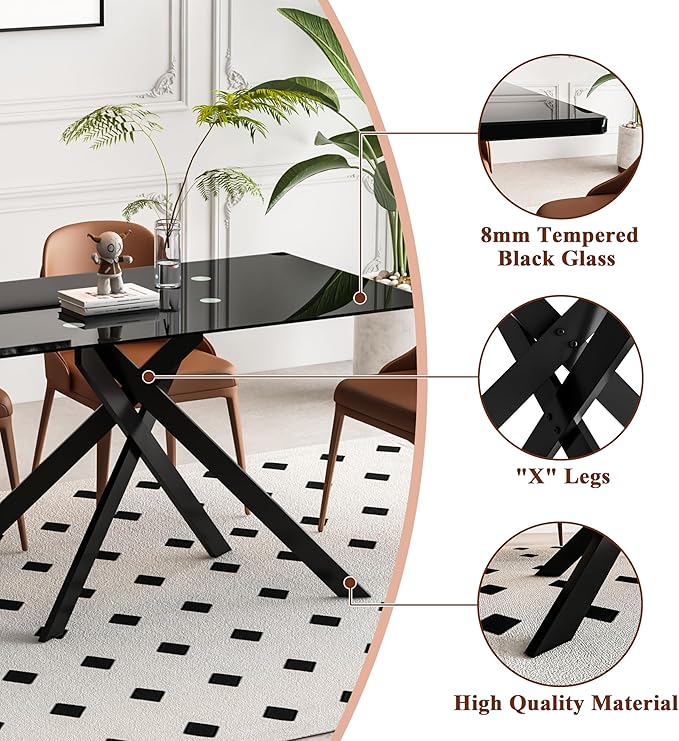 Goujxcy Modern Glass Dining Table Set for 6, Black Glass Kitchen Table and Chairs Set, 7 Piece Dining Room Table Set with 51" Rectangle Dinner Table and 6 White Leather Dining Chairs
