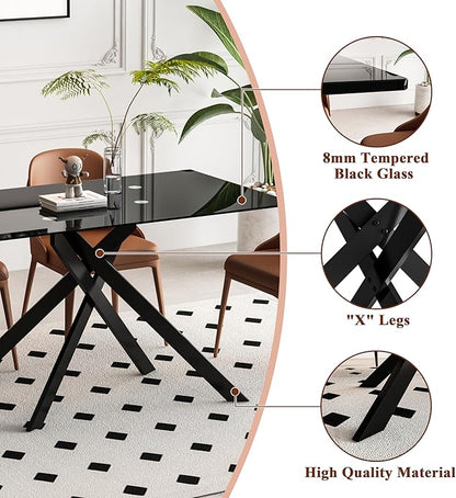 Goujxcy Modern Glass Dining Table Set for 6, Black Glass Kitchen Table and Chairs Set, 7 Piece Dining Room Table Set with 51" Rectangle Dinner Table and 6 White Leather Dining Chairs