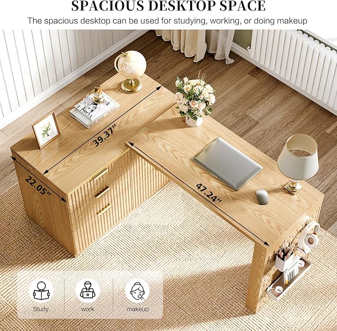 L Shaped Standing Desk,47" Home Office Desks, Executive, Farmhouse Computer Desk with 6 Drawers File Drawer, Rustic Computer Writing, Oak