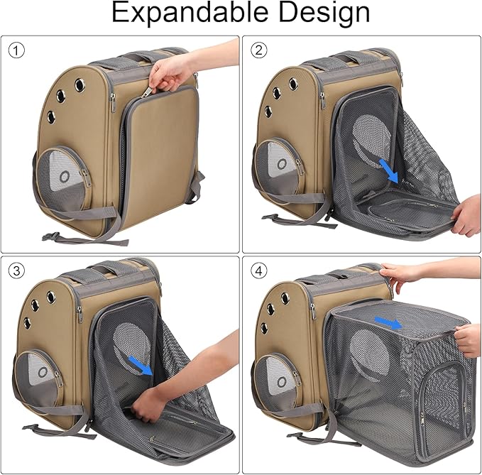 Expandable Pet Carrier Backpack for Cats, Dogs and Small Animals, Portable Pet Travel Carrier, Super Ventilated Design, Airline Approved, Ideal for Traveling/Hiking/Camping, Khaki