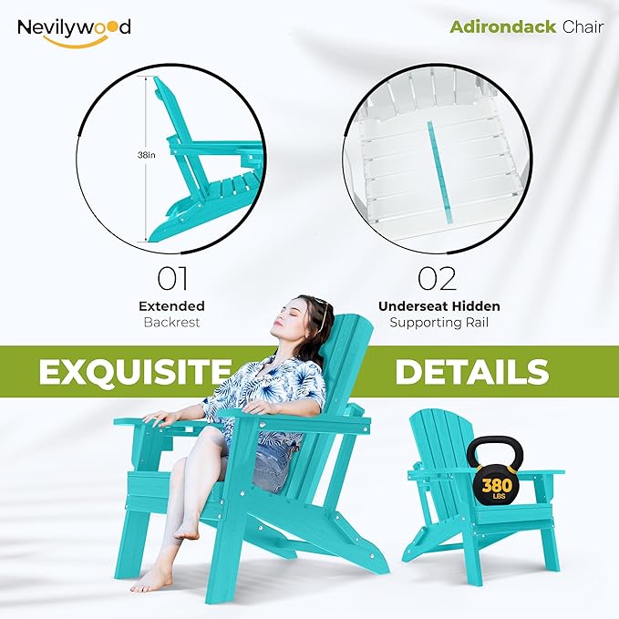 nevilywood Folding Adirondack Chair - Extended Ergonomic Backrest, Cup Holder - Easy Assembly - Durable HDPE Plastic, Weather Resistant & Maintenance-Free - Lawn, Patio, Deck Supports 380lbs Aruba