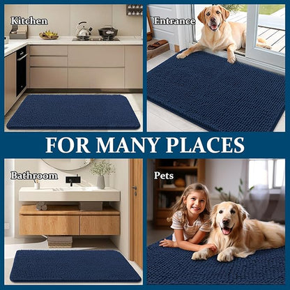 OLANLY Dog Door Mat for Muddy Paws 59x32, Absorbs Moisture and Dirt, Absorbent Non-Slip Washable Doormat, Quick Dry Chenille Mud Mat for Dogs, Entry Indoor Entryway Carpet for Inside Floor, Dark Blue