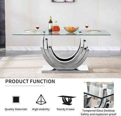 7 Piece Dining Table Set with 6 Grey Dining Chairs, Modern Glass Kitchen Table and Chairs Set for 6, 70" Rectangle Silver Glass Pedestal Dining Room Tables with Ring-Shape Stainless Steel Base