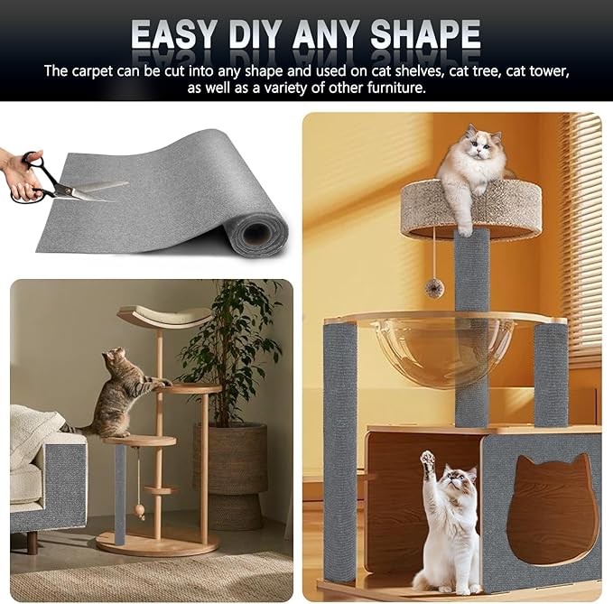 2Pack Total 78.7"x15.8" Cat Scratch Mat for Cat Couch Furniture and Wall Protector | Trimmable Self-Adhesive Carpet Climb Cat Scratcher for Covering Cat Tower and Replacement Pads (Light Grey)