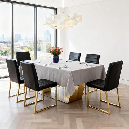 Modern Dining Chairs Set of 6, White Faux Leather Kitchen Chairs, Upholstered Armless Dining Room Chair with Gold Mental Legs Heavy Duty, Comfortable (Black and Gold, Set of 6)