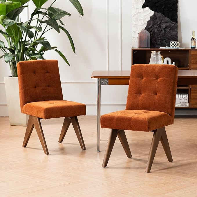 Rowill Modern Upholstered Dining Chairs Parsons Chair Linen Fabric Kitchen Chairs Tufted Armless Dining Room Chairs with Wood Legs Set of 2, Burnt Orange