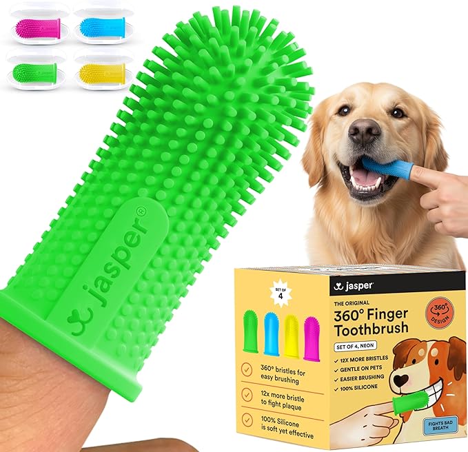 Jasper Dog Toothbrush, 360 Degree Pet Tooth Brushing Kit, Cat Toothbrush, Canine Dental Care & Teeth Cleaning Kit, Pet Finger Tooth Brush, Use with Dog Toothpaste, 4-Pack Neon